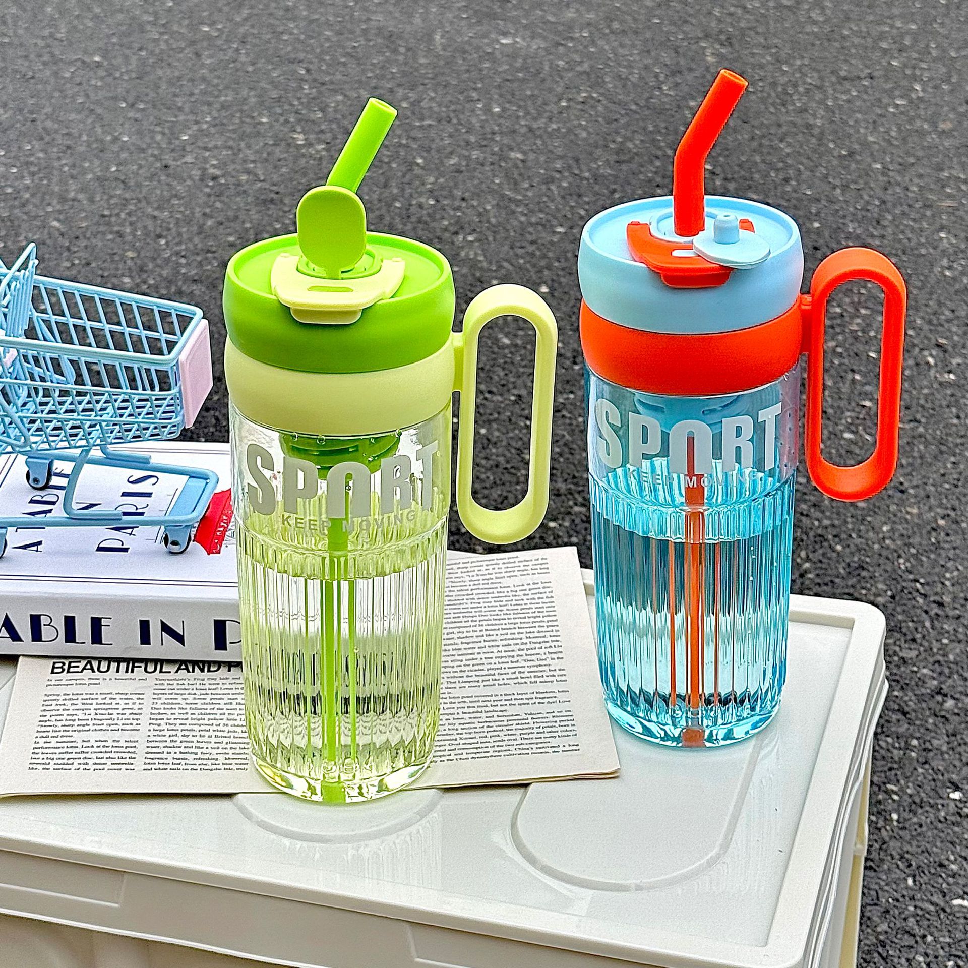 Simple and large-capacity ice cup, summer desktop double-drinking straw cup with handle, portable tea-making cup for girls, refreshing cup Specification drawing