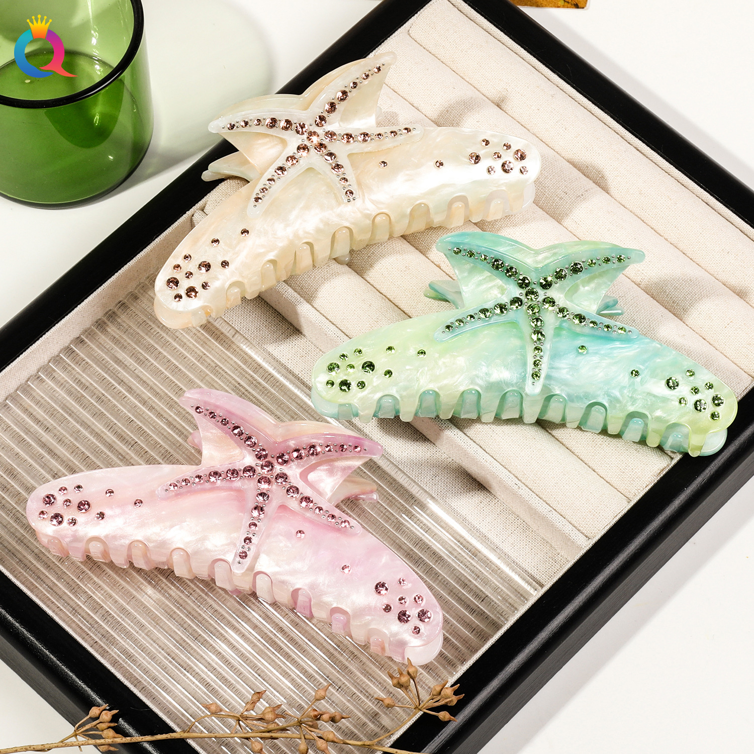 Qiyue Original acetic acid diamond-encruted starfish hairpin, fashionable and colorful large updo hairpin, three-dimensional and elegant shark clip full figure