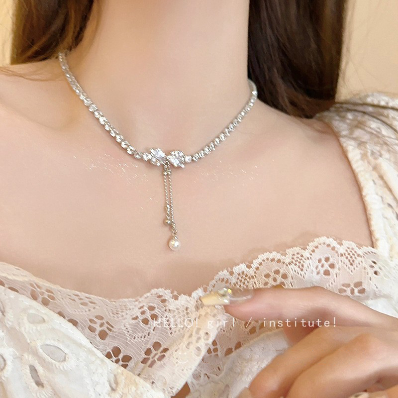 Bow zircon pearl necklace for women with a light luxury and niche design sense, 2024 new style neckchain collarbone chain Specification drawing