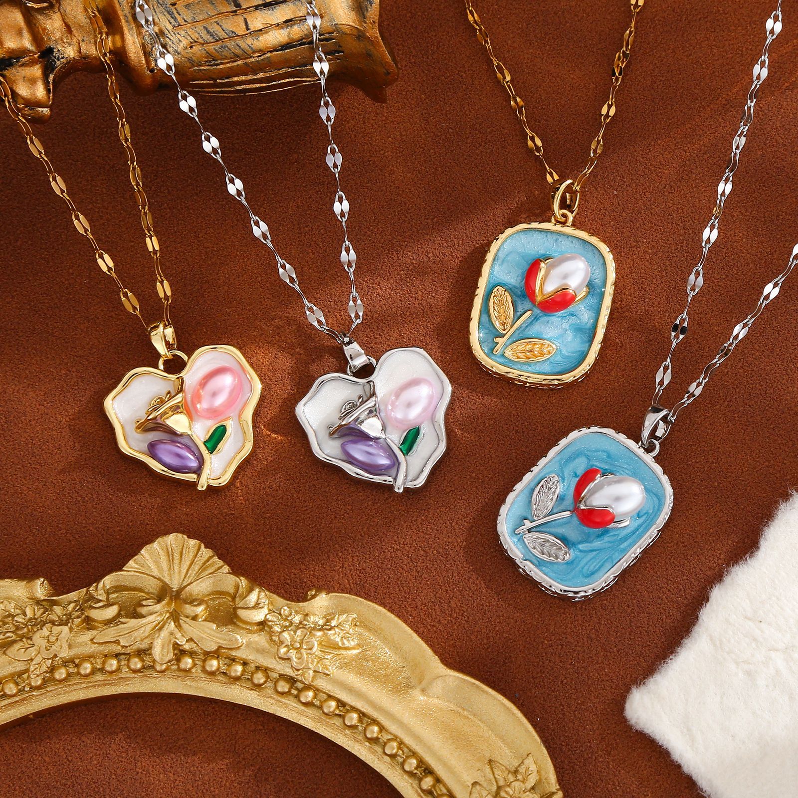 Cross-border Monet Garden oil painting style butterfly pendant necklace, new French high-end light luxury collarbone chain jewelry wholesale Specification drawing