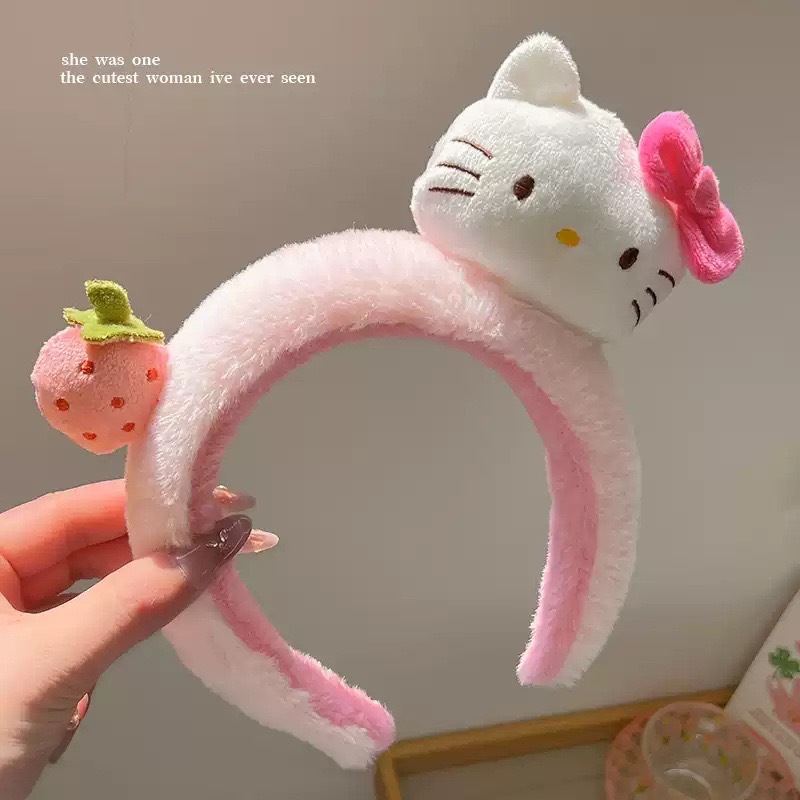 Cute strawberry kitty~ Plush hairband, high appearance level, girlish heart KT cat headband, face wash makeup hairpin, hair accessory full figure