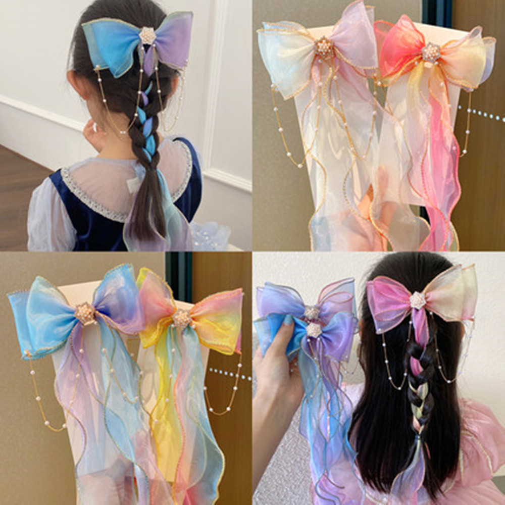 Children's hair bands, girls' colorful bow braids, little girls' princess long ribbon hair clips, summer girls' hair accessories details Picture