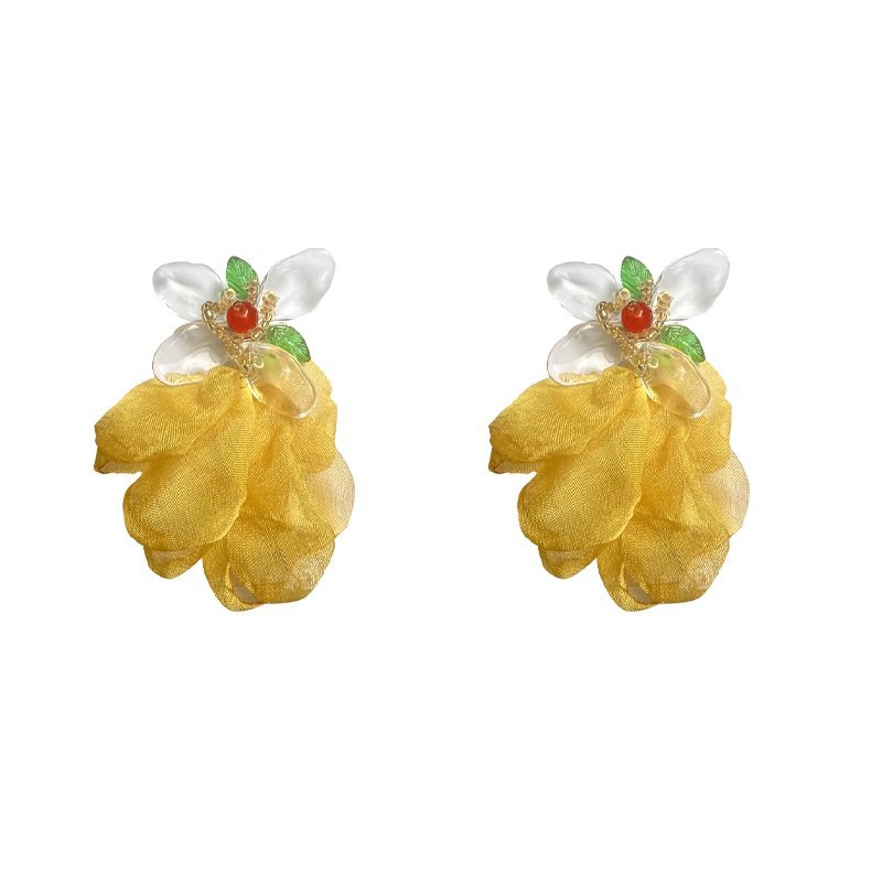 Vacation style yellow flower fabric stud earrings for women, new summer face-enhancing small earrings and pendants, exaggerated and personalized earrings Item Picture