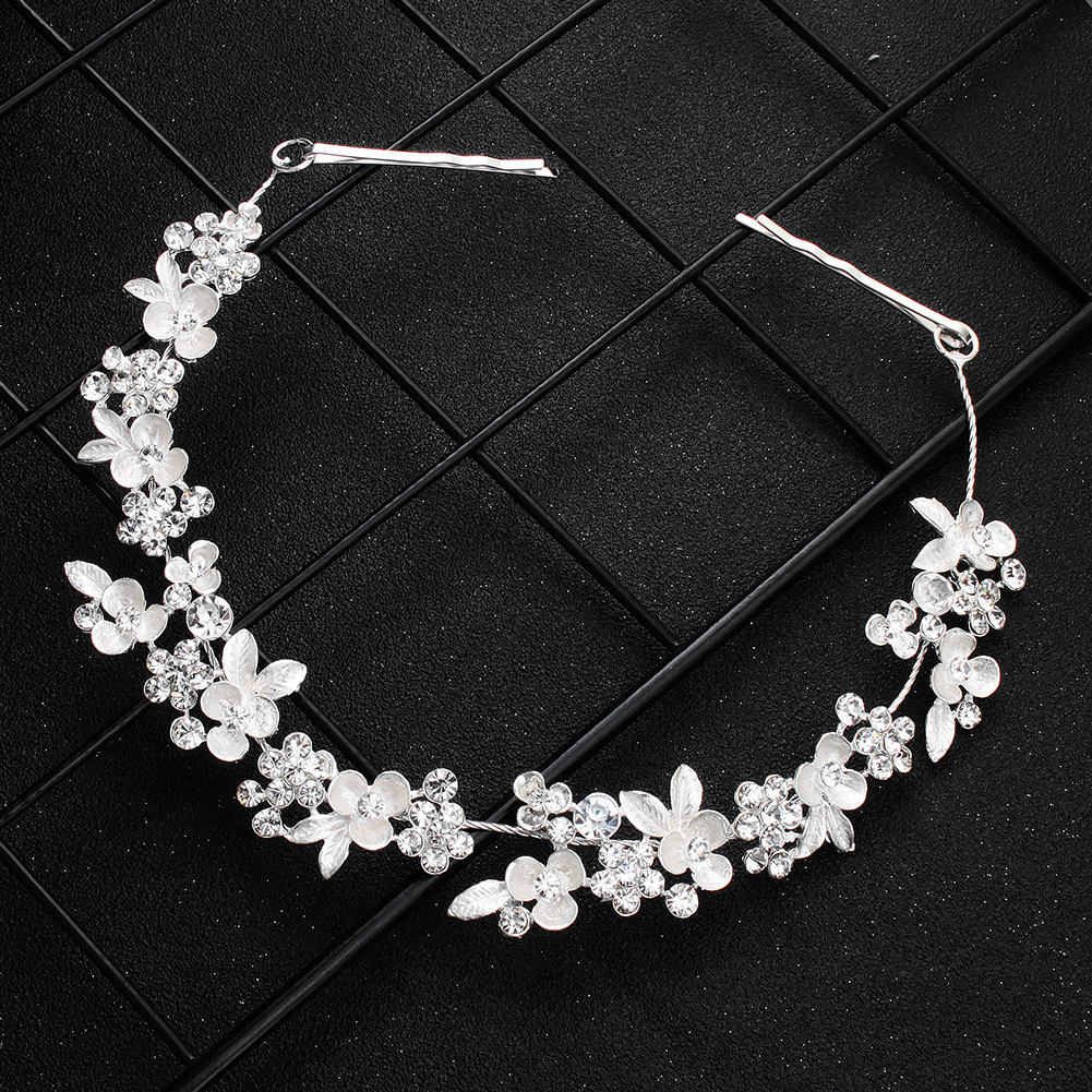 Wholesale of European and American bride headwear and hair bands, thin pictures, flower hair bands, rhinestone hair accessories, photography photo curls, alloy hair bands Specification drawing