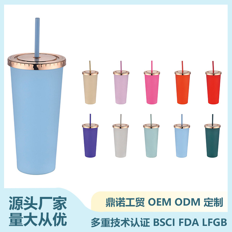 Cross-border Amazon factory direct supply double-layer plastic cups, rose gold lid straw cups, simple solid-color plastic water cups full figure