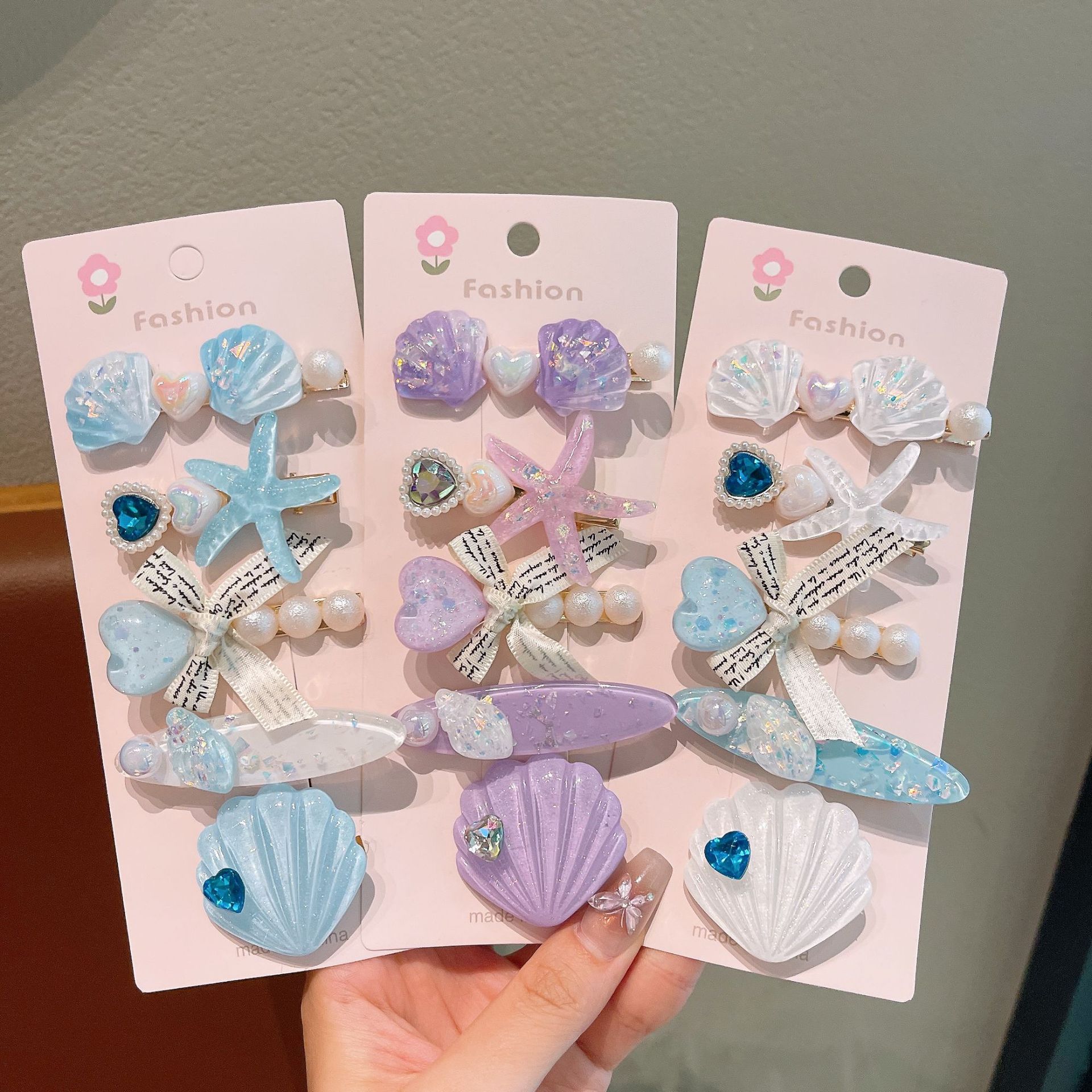 Summer new ocean shell starfish hair clips, diamond-encrusted super sparkling edge clips, elegant bangs clips, hair accessories, headwear, duckbillon clips details Picture