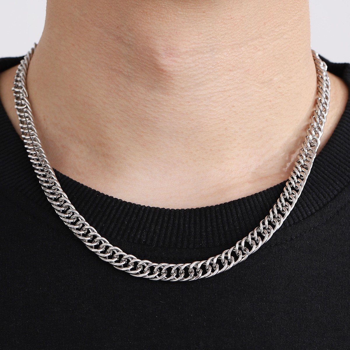 European and American fashion thick chain hip-hop bracelet necklace set, women's collarbone chain, men's cross-border punk jewelry 2-piece set Specification drawing