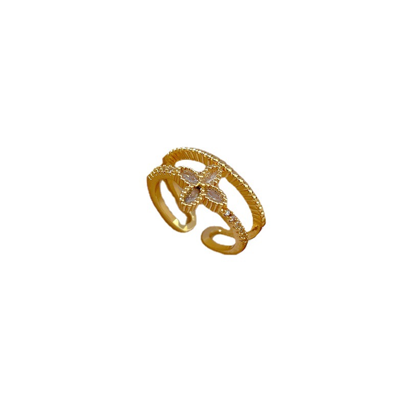 【 Real gold electroplating 】 Open double-layer women's fashion micro-inlaid light luxury ring index finger ring, the same style as Internet celebrities, cold style Item Picture