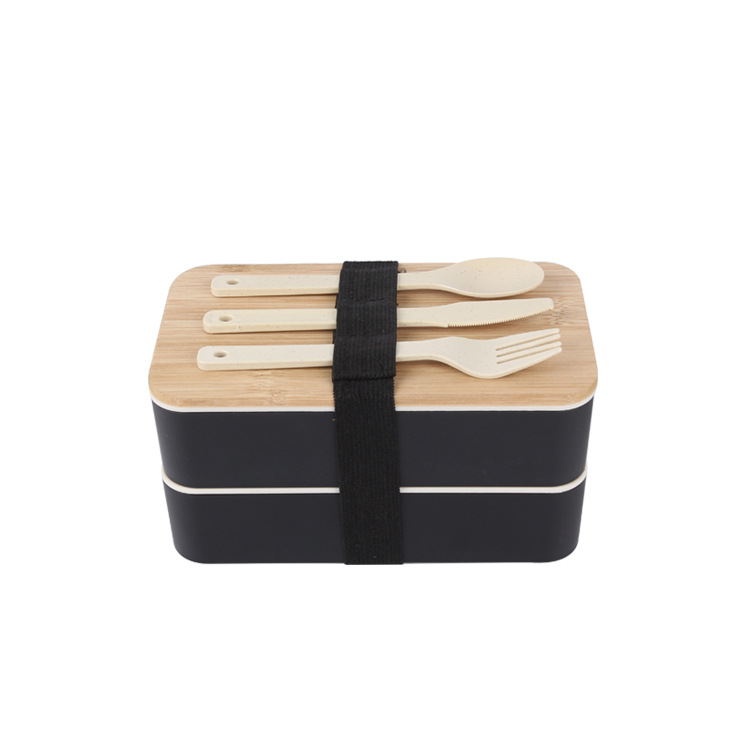 Wheat bellflower, Japanese-style wooden lid double-layer lunch box with cutlery box, plastic portable lunch box, square lunch box, cutlery Item Picture