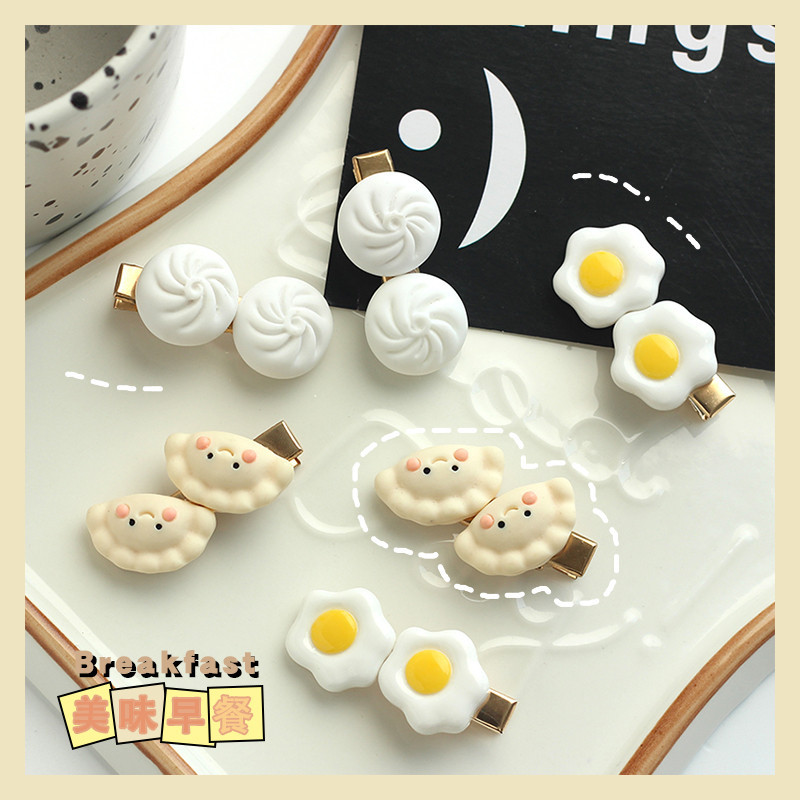 Dumpling, steamed bun, fried egg, hair clip, realistic food, personalized bangs, side clip, funny broken hair clip full figure