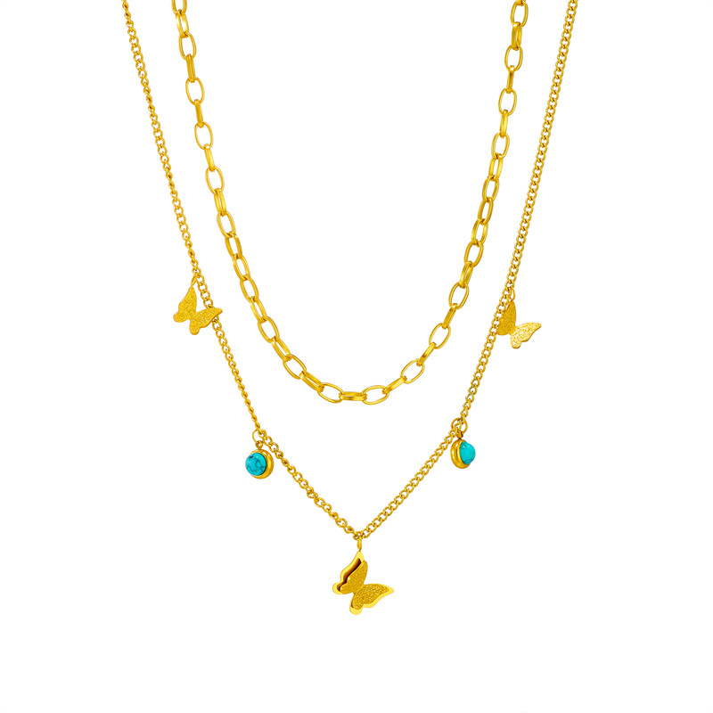 A cross-border fashion and niche double-layer overlapping blue turquoise pendant three-dimensional butterfly titanium steel jewelry necklace from Europe and America Item Picture