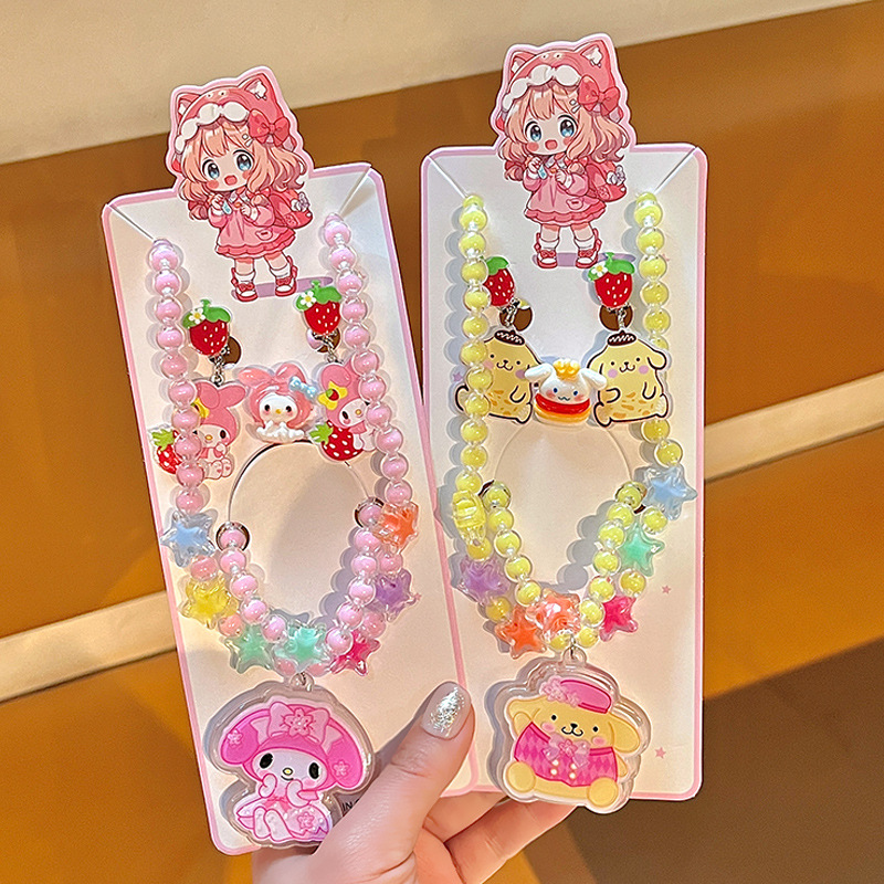 Children's cartoon Sanrio glowing necklace, cute Kuromi beaded bracelet, princess ring, ear clip jewelry set Specification drawing