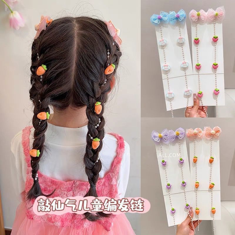 Children's pearl braided hair chain, bow hair clip, super fairy-like cartoon tassel pair clip for girls, princess hair accessory for girls details Picture