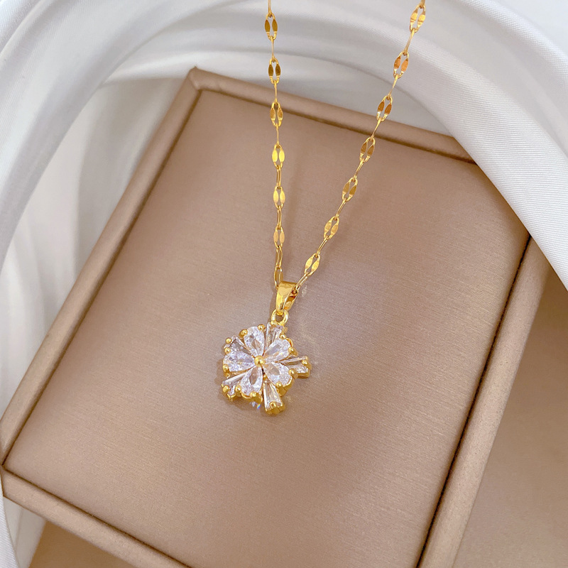 【 Titanium Steel 】 Double-layer flower necklace earrings set, light luxury, micro-inlaid, personalized and elegant banquet earrings and necklaces combination Specification drawing