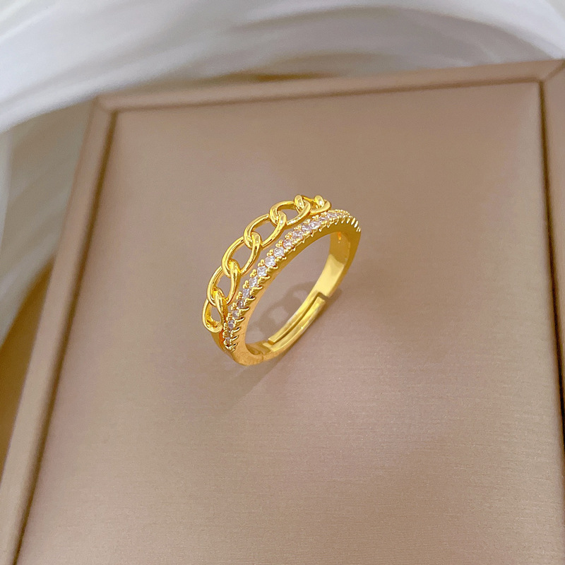 【 Real gold electroplating 】 Open chain, women's fashion, slightly inlaid, light luxury ring, index finger ring, the same style as Internet celebrities, cold style details Picture