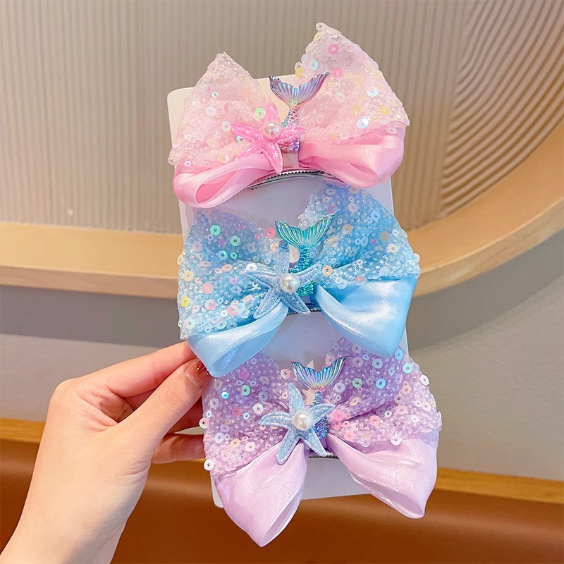Princess sequined bow headwear for girls, children's hair clips, baby 3D mermaid hair clips, girls' performance hair accessories Specification drawing