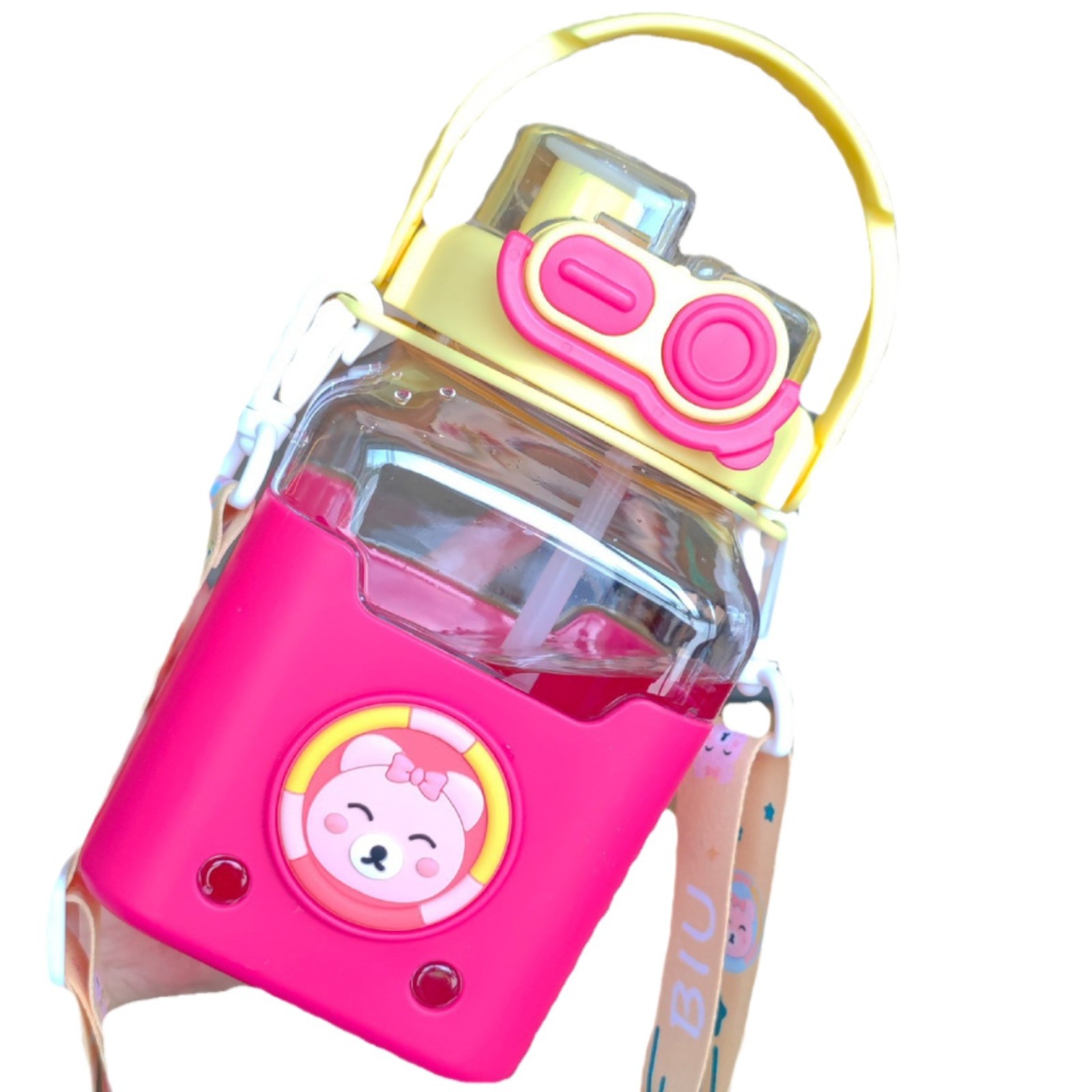 Large-capacity wholesale, cute cartoon children's new square straw cup, portable strap, high appearance level student water bottle Item Picture