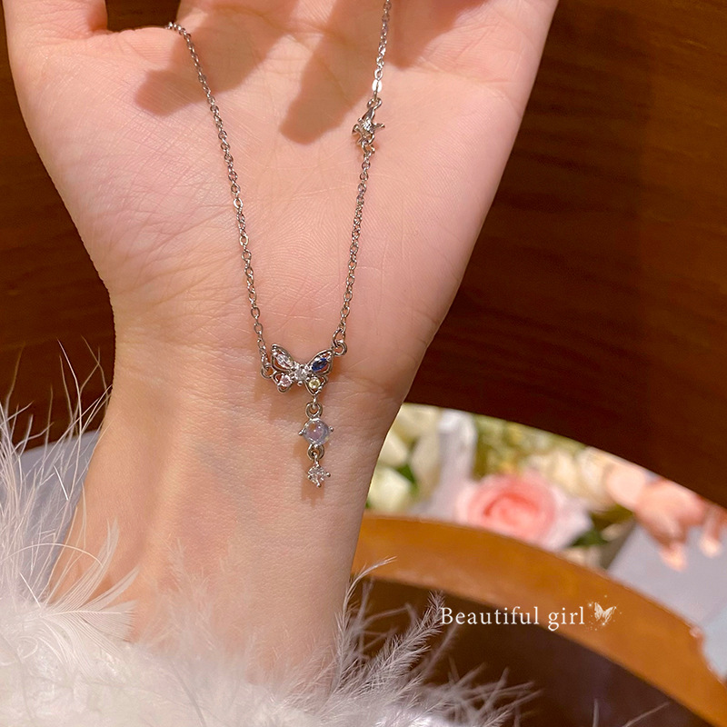 A unique design of the 2024 new butterfly tassel necklace for women with an ethereal charm. It is a collarbone necklace accessory for young girls Specification drawing