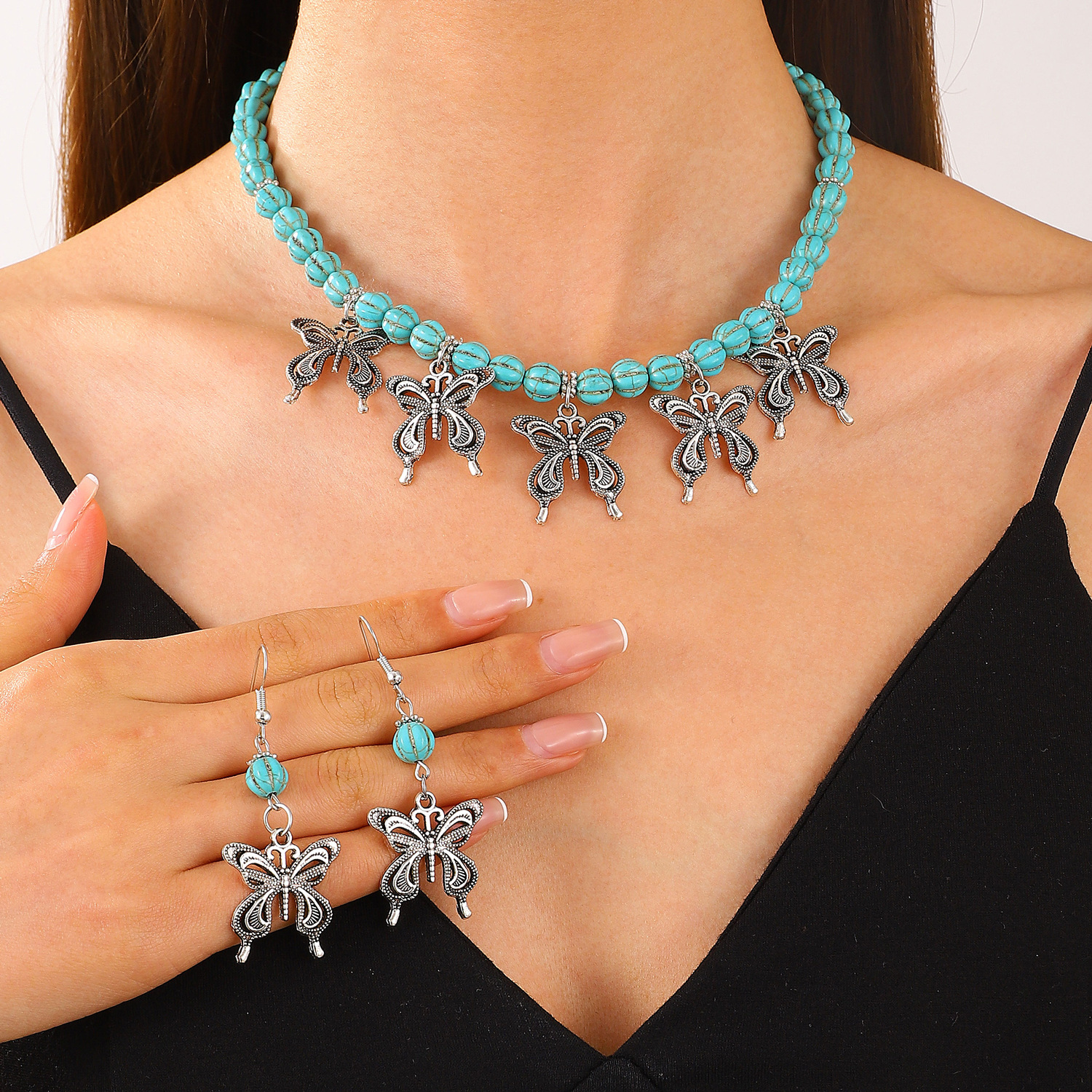 European and American turquoise spliced necklace, retro heart-shaped earrings, necklace jewelry set, Bohemian cross-border accessories details Picture