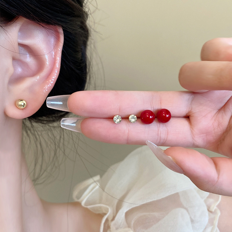 S925 Silver Needle Red Bean Three-piece Set Earrings, simple and niche design, Zircon ear studs for ear piercing, elegant earrings wholesale details Picture