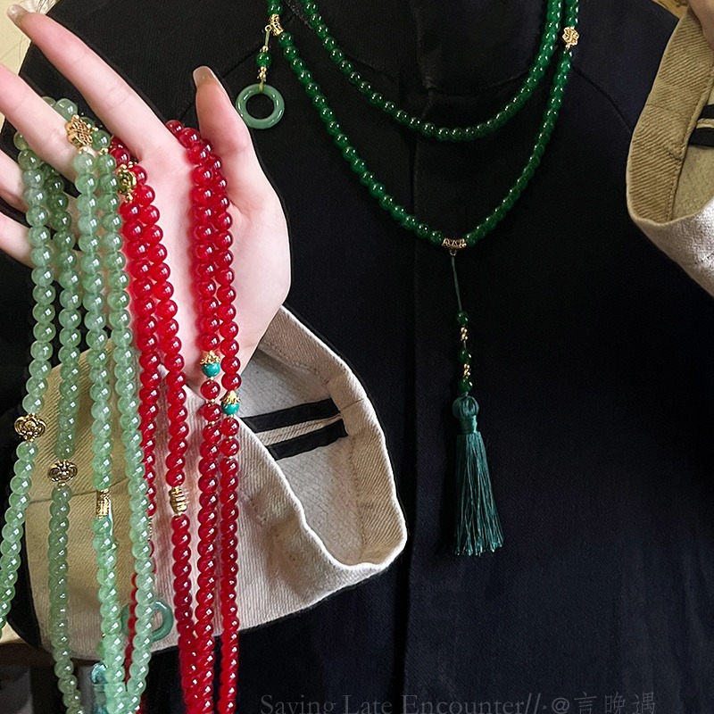 A 108-piece green beaded tassel necklace with a new Chinese style, a long crossbody chain sweater chain accessory details Picture