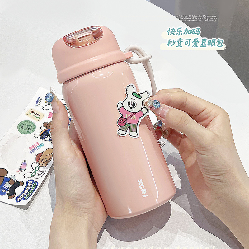 Simple and elegant girls' insulated cup, portable straw water cup for school, small and small with stickers, student stainless steel straw cup details Picture