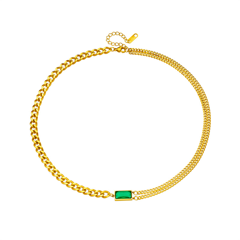 European and American fashion, niche, high-end, light luxury, versatile, retro and cold style, square green diamond irregular chain titanium steel necklace Application Scenario
