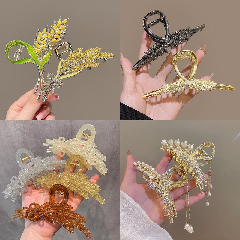 2023 New Golden wheat ear high-end style hair clip for women's summer large shark-shaped hairpin at the back of the head full figure