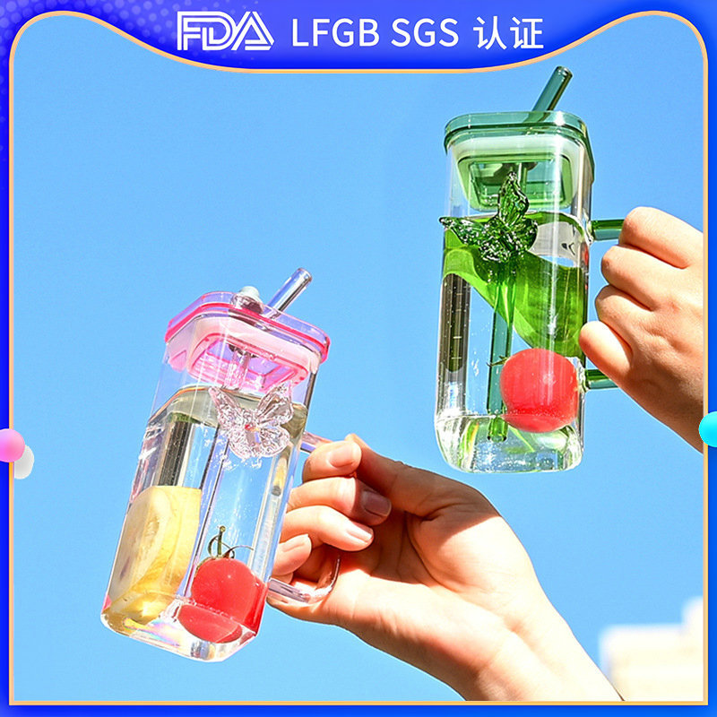Popular square glass multi-color butterfly cup with handle, household with lid, high appearance level, straight use straw, dual-purpose cup, high boron full figure