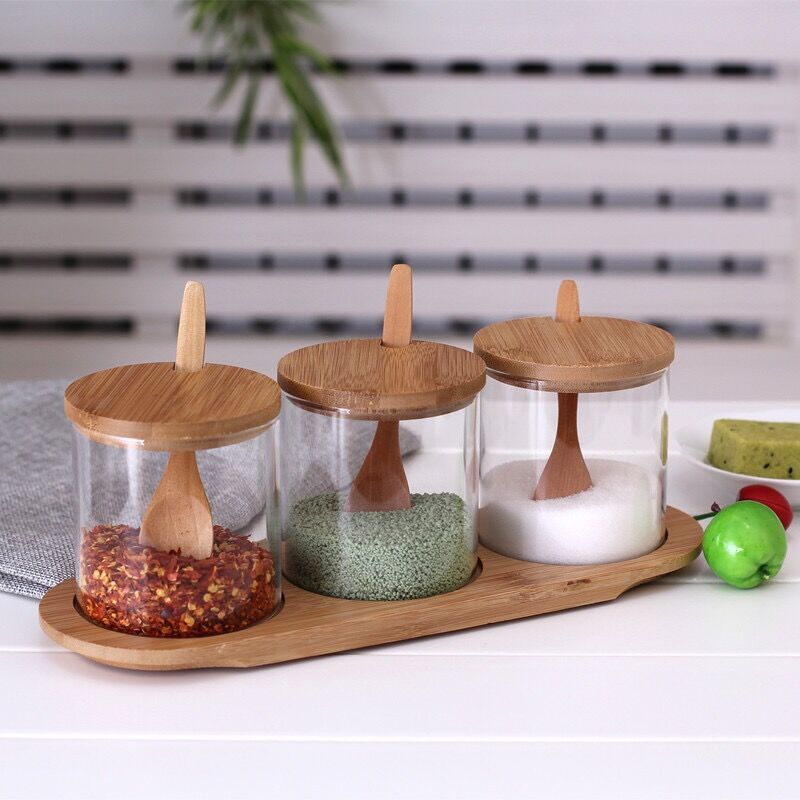 Round high borosilicate glass seasoning jar set, European-style seasoning jar combination seasoning box with wooden lid wholesale details Picture