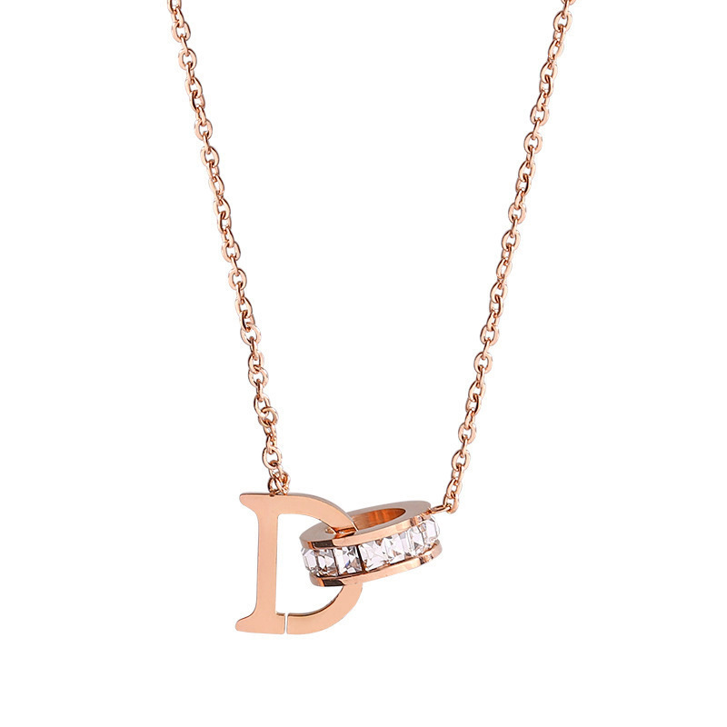 Korean 18k rose gold DO double ring necklace, exquisite small square zirconium collarbone chain, popular Internet celebrity, niche design sense necklace Item Picture