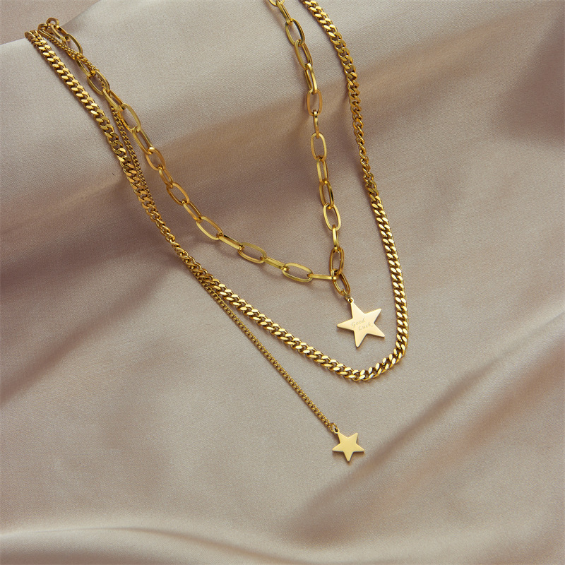 European and American ins double-layer five-pointed star pendant titanium steel, non-fading, unique and unique style, versatile accessory collarbone necklace details Picture