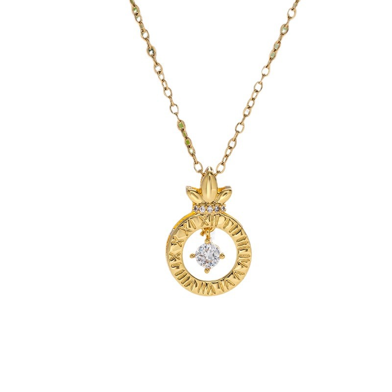 Round Roman numeral cloverleaf titanium steel dynamic necklace, women's fashionable and elegant collarbone chain, internet-famous high-end accessory Item Picture