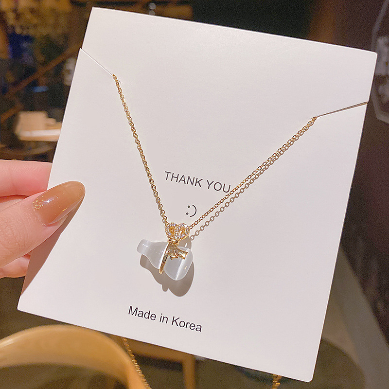 Japanese and Korean light luxury bow, cat's eye stone small gourd necklace, female Instagram personality, high-end style, Internet celebrity collarbone chain neck chain Specification drawing
