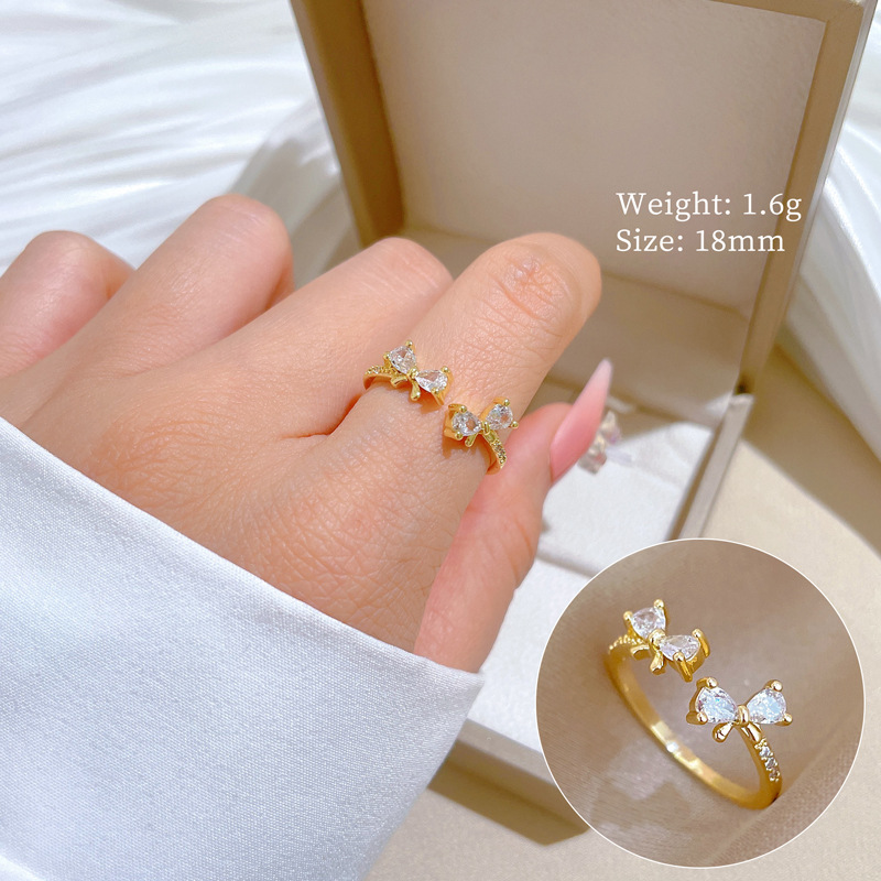 【 Real Gold 】 A simple Japanese-style wristband with adjustable opening and a bow-shaped full diamond ring for couples details Picture