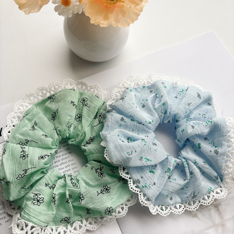 Gentle and elegant, beige small floral lace trim fabric large intestine hair band, sweet and fresh, forest-style girl hair tie Specification drawing
