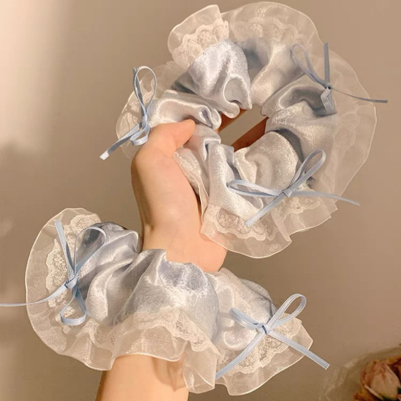 Brilliant Starry Sky ~ Blue lace square scarf large intestine hair band for women, summer high-end Korean-style laid-back hair accessory details Picture