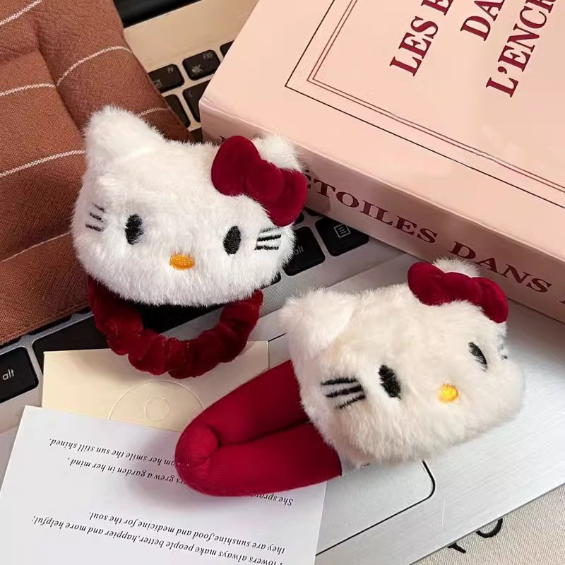 HelloKitty bow hair clip, girl's BB hair clip, bangs for washing face, cute red kt cat byebyebyeon hair clip, plush Application Scenario
