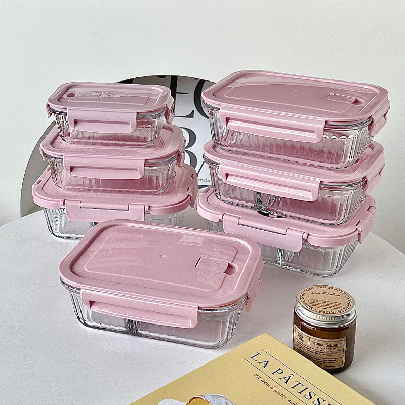 Wholesale of Bolimei vertical pattern high borosilicate glass lunch boxes, microwave oven divider rice bento boxes, fresh-keeping bowls with meals full figure