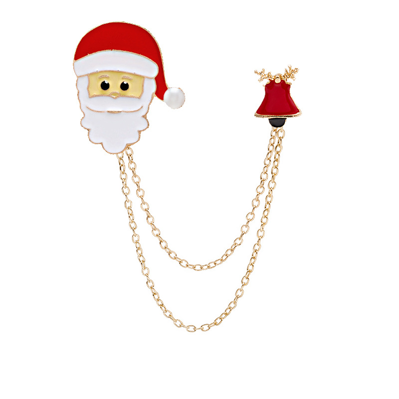 New Christmas brooch cartoon series Santa Claus bell oil drop brooch with two chain tassel collar pins Item Picture