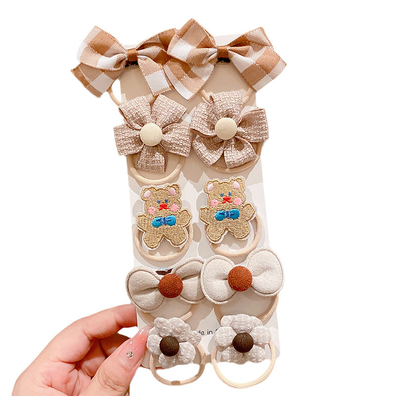 A ten-piece set of children's hair bands in milk coffee color, high elasticity and no damage to hair, rubber bands and hair ties for tying hair, cute baby hair accessories Item Picture
