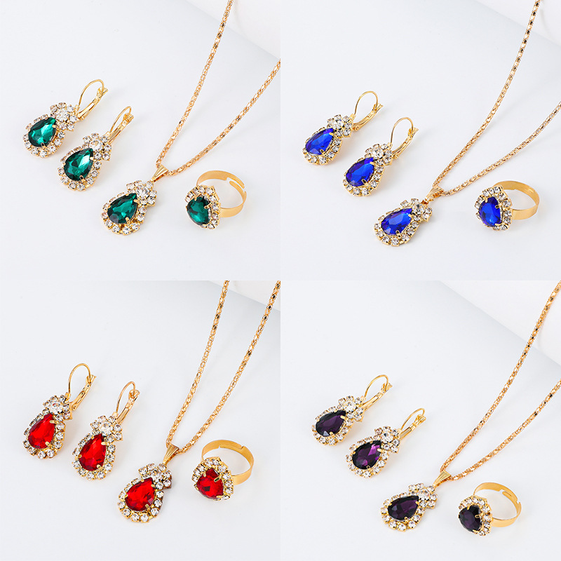 European and American ins water drop jewelry set, personalized and fashionable colorful water diamond necklace, earrings and ring set, bridal accessories Specification drawing
