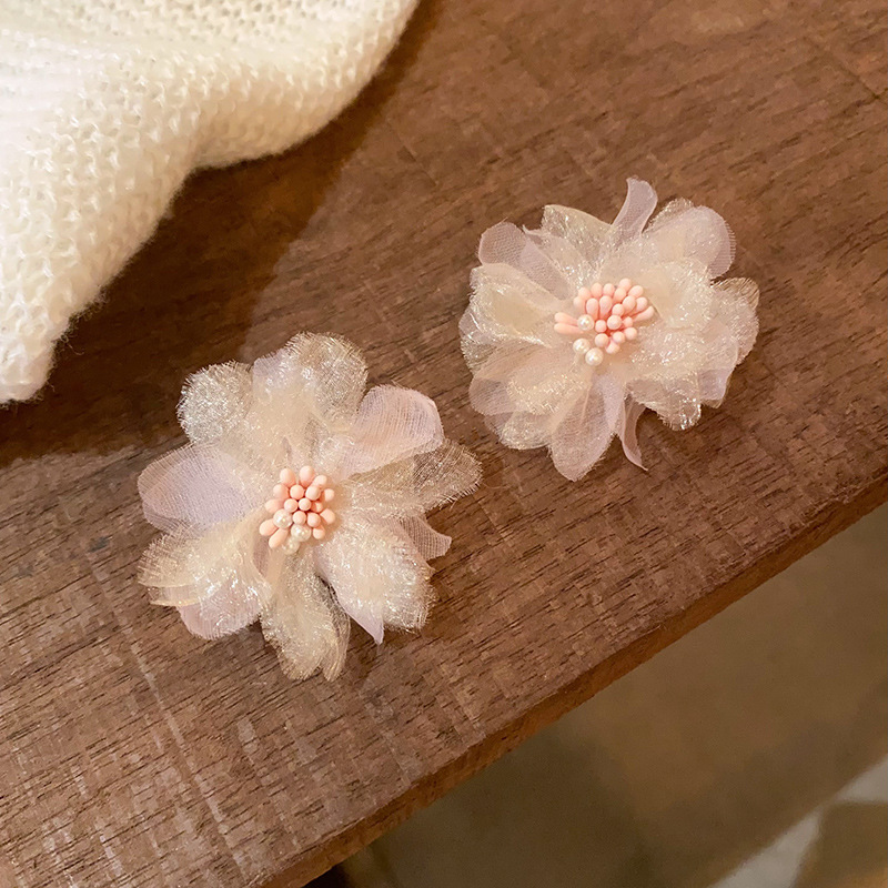 Fabric chiffon flower ear studs 2025 new style, super ethereal and high-end earrings, sweet and niche earrings wholesale Specification drawing