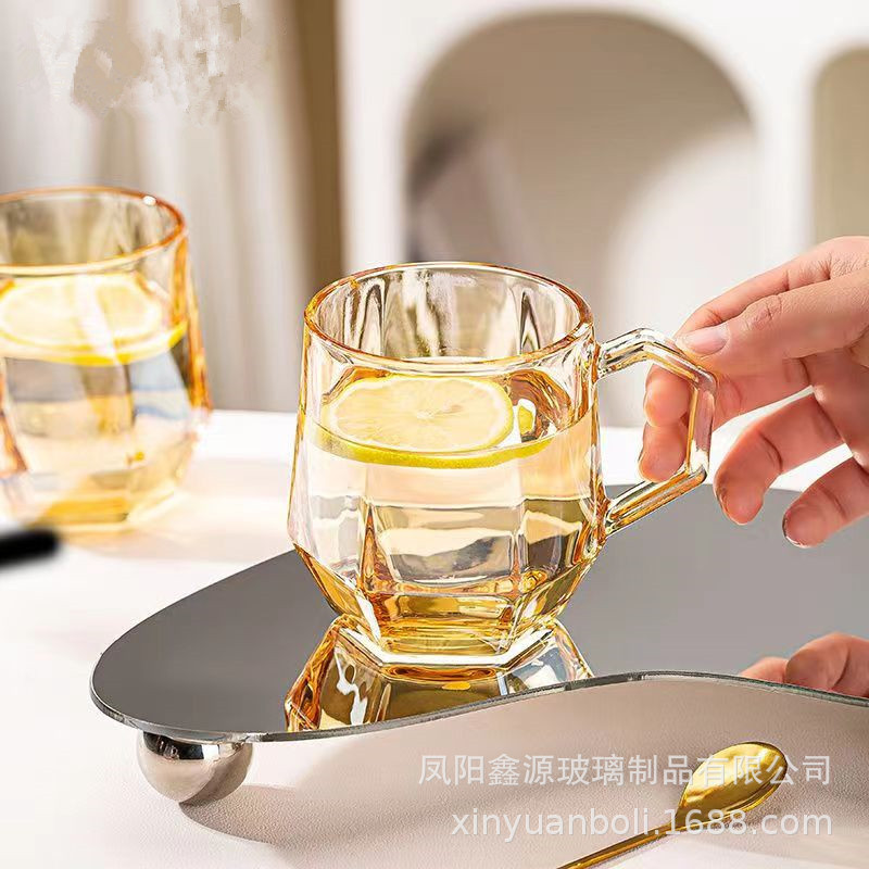 Diamond glass cup set with handle, simple and high appearance level, hexagonal ash amber breakfast cup, milk cup gift box set Specification drawing