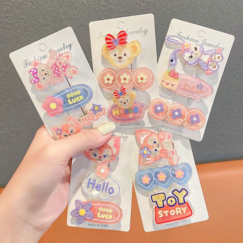 Children's pink acrylic Lina Belle hair clips, cute cartoon hair clips for girls, bangs clips for girls and young girls, duckbill clips details Picture