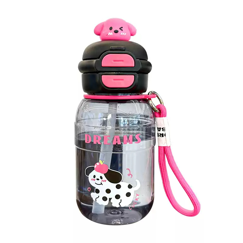 Wholesale of cartoon doll plastic cups, creative one-lid double-drinking straw cups, outdoor portable hand-held school water cups Item Picture