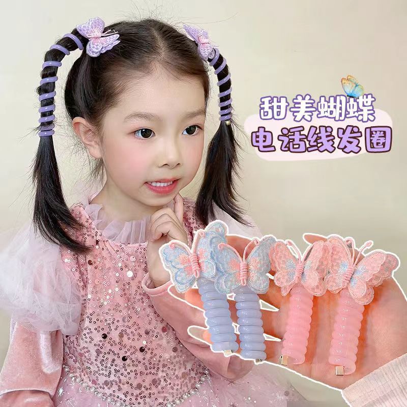 Embroidered butterfly telephone line hair tie, high elasticity for children without damaging hair, hair band for girls to braid, cute curly hair accessory details Picture