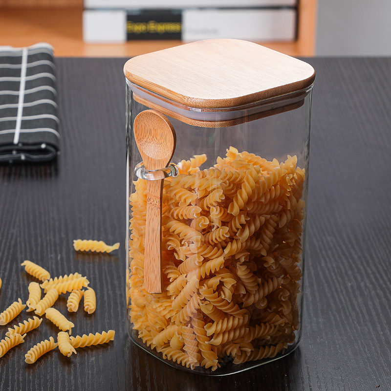 Square transparent glass sealed jar with wooden spoon, seasoning box, food storage jar, coffee bean storage jar, tea jar Specification drawing