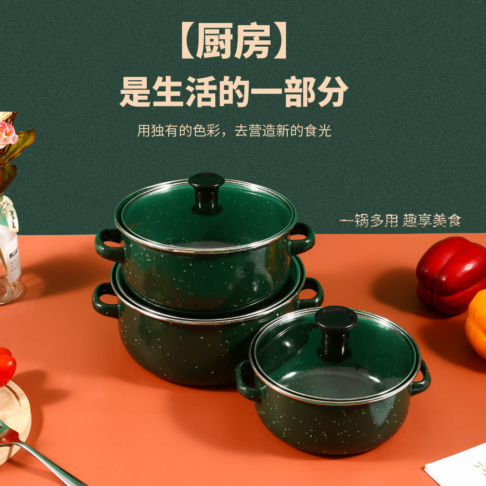 Three-piece set of enamel double-ear soup pot, black enamel with dots, European and American export enamel retro cooking pot, one piece sent Specification drawing