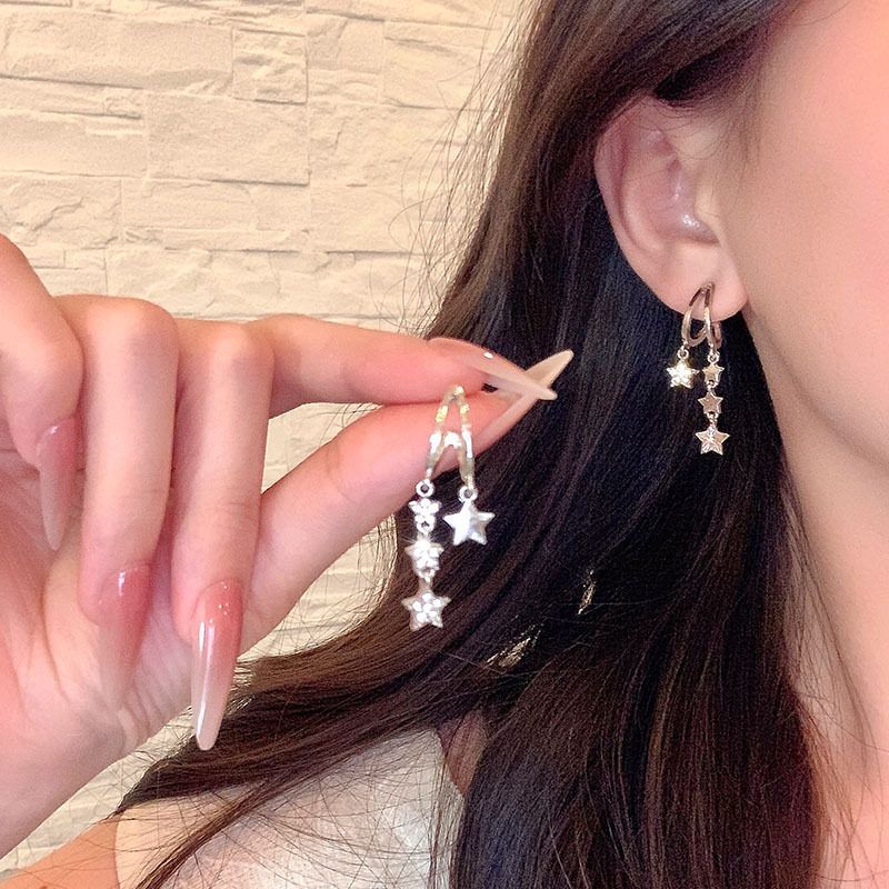 Silver needle sparkling diamond five-pointed star tassel earrings, a niche design for women, trendy stud earrings, a fashionable and versatile accessory for hot girls details Picture